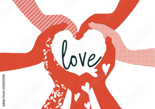 chic illustration for valentine's day. Love message for the lovers' day. Heart-shaped hands in red and white. Isolated image