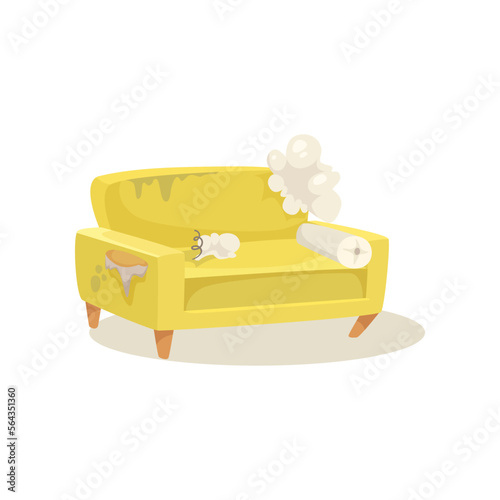 Old broken yellow sofa vector illustration. Torn couch with holes for living room isolated on white background. Furniture, interior design concept