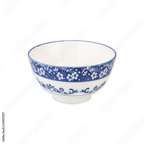 Blue and white flower decorated ceramic bowl isolated over white background