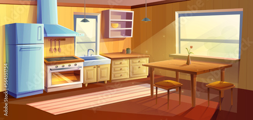 Vector cartoon style illustration of kitchen room. Dining room with dining wooden table. Fridge, oven with a stove and hob, sink, kabinets and extractor hood. © Real Vector