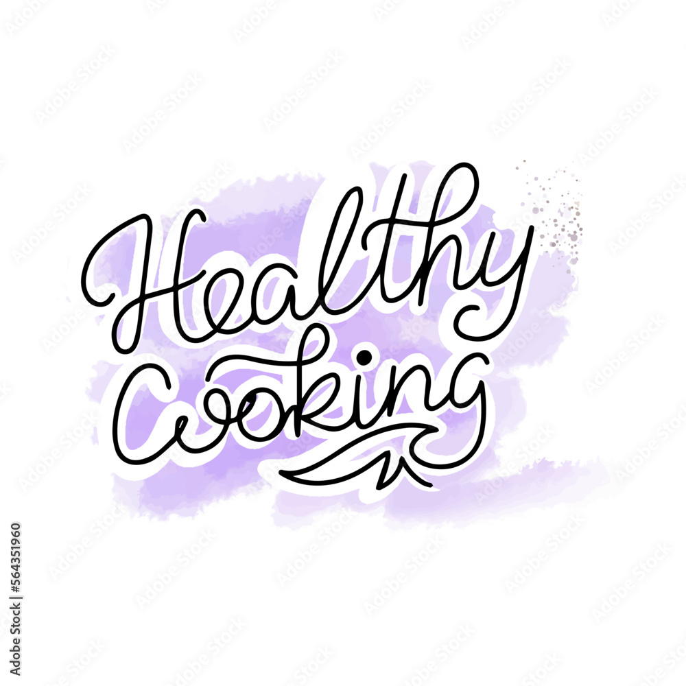 Healthy cuisine, hand lettering on watercolor background, doodle