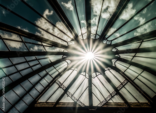 Sun shining through metal and glass architecture.