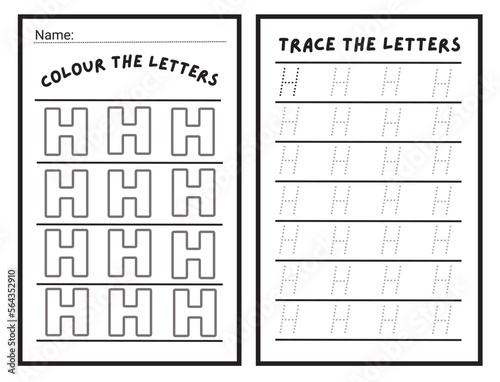 Alphabet letters tracing worksheet with alphabet letter H. Basic writing practice for kindergarten kids worksheet ready to print vector illustration