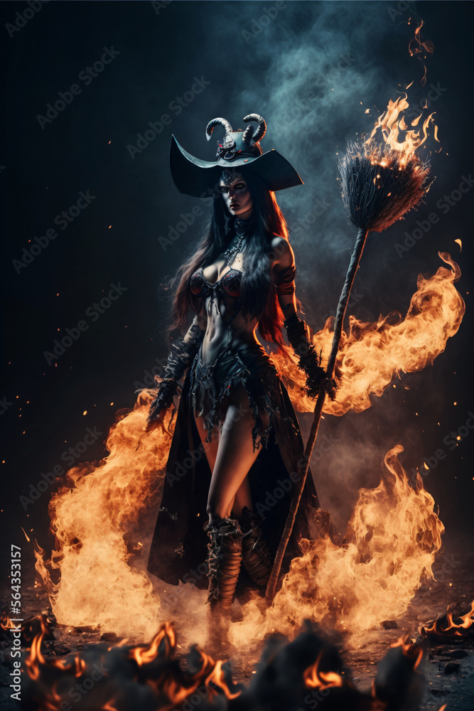 Seductive sexy witch wearing gothic dress with broom and flames. Designed using generative ai