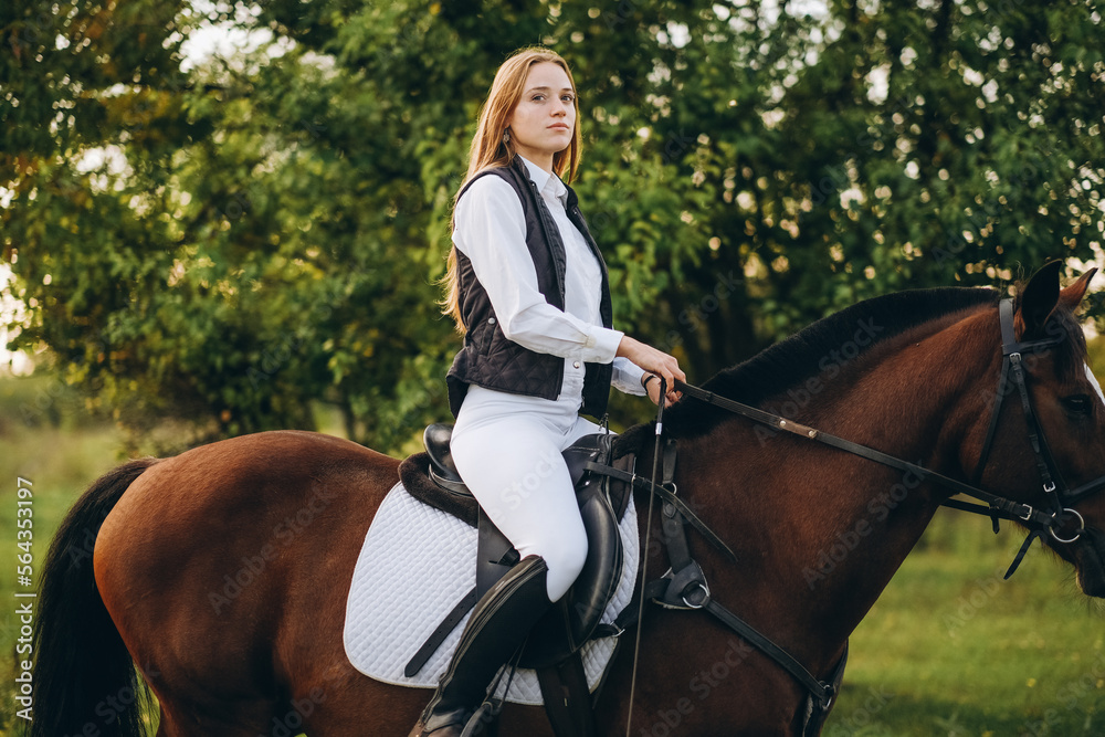 Young beautiful blonde woman jockey rides a brown horse in a meadow at sunset in summer. Preparing for an equestrian competition.