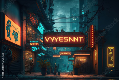 Neon Noir, Neon Nightscape, bustling cyberpunk metropolis alive with activity, soaring skyscrapers and holographic billboards. A high-tech city creating a surreal, otherworldly atmosphere.  © Creative Inspiration