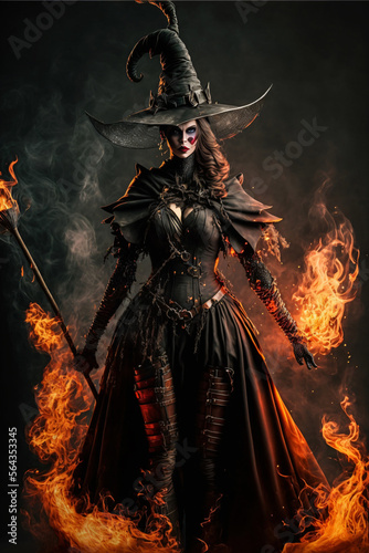 Seductive sexy witch wearing gothic dress with broom and flames. Designed using generative ai © XtravaganT