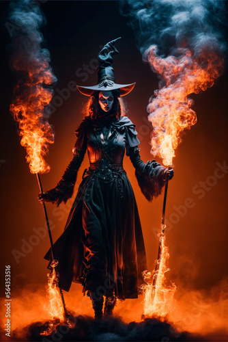 Seductive sexy witch wearing gothic dress with broom and flames. Designed using generative ai