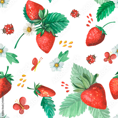 Watercolor seamless summer pattern with bright strawberries, flowers and butterflies.