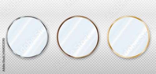 Realistic round mirrors in metal, bronze and gold frames. Reflective glass plate. 3d vector illustration isolated on transparent background.