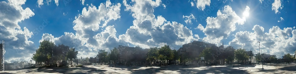 Bright blue skies and fluffy white clouds on a bright and sunny day - A panoramic view of the sky made by generative AI