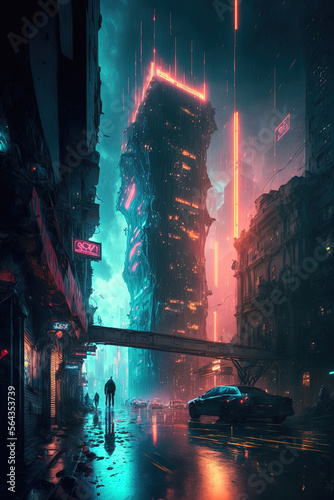 Metaverse Metropolis, bustling cyberpunk metropolis alive with activity, soaring skyscrapers and holographic billboards. A high-tech city creating a surreal, otherworldly atmosphere