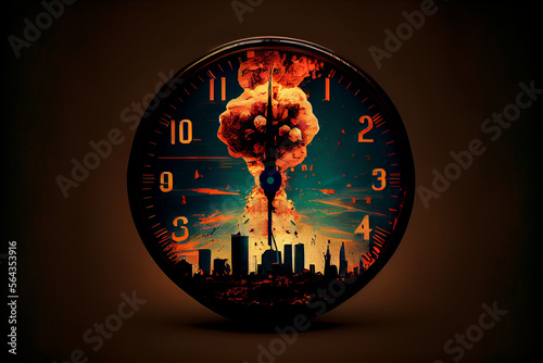 Fotomurale Doomsday clock showing 90 seconds to midnight against nuclear war background