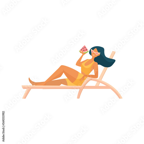 Woman on lounger eating watermelon vector illustration. Cartoon drawing of girl in swimsuit with slice of watermelon sunbathing isolated on white background. Summer, vacation, outdoor activity concept