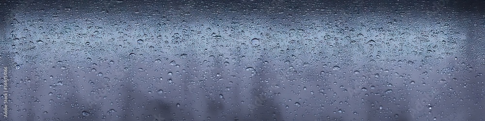 Raindrops on glass - panoramic photorealistic image with 3D shading created by generative AI for web banners Raindrops on glass - panoramic photorealistic image with 3D shading created by generative AI for web banners
