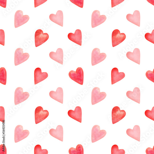 Seamless red hearts pattern. Watercolor background for textile, holidays decor, wrapping paper