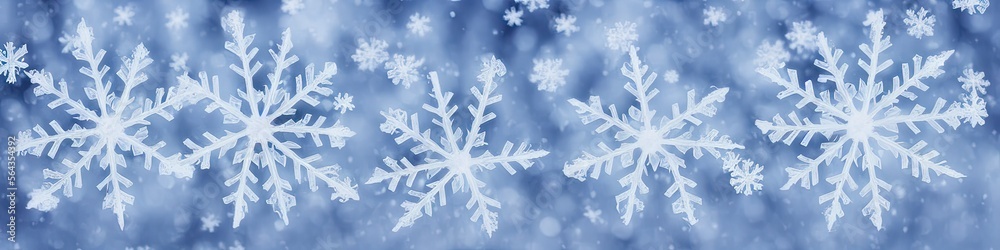 Panoramic image of winter snowflakes for the 2023 winter season. Generative AI image extra wide white and frosty blue banner Panoramic image of winter snowflakes for the 2023 winter season. Generative AI image extra wide white and frosty blue banner