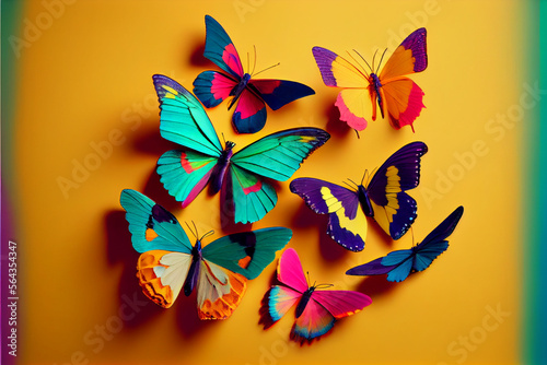 Many colorful butterflies on a yellow background, abstract illustration. AI g...