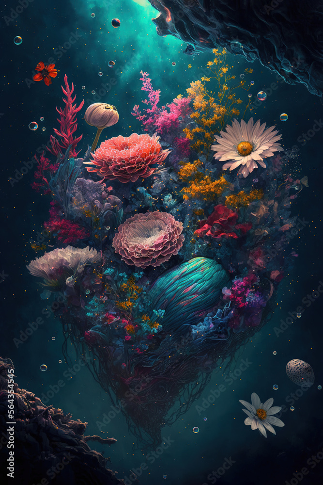 Fototapeta premium a bunch of flowers that are in the water, plant, underwater, spring, art illustration