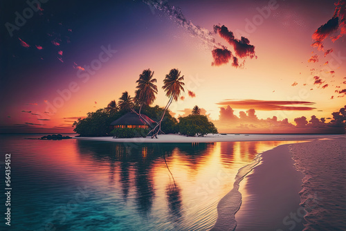 ai generated midjourney illustration of maldives beach landscape at sunset