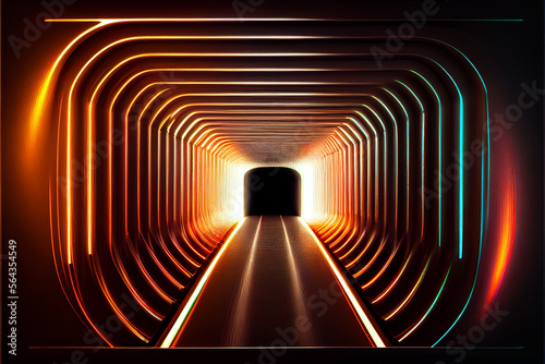 Abstract tunnel, corridor illuminated with neon light. AI generated.