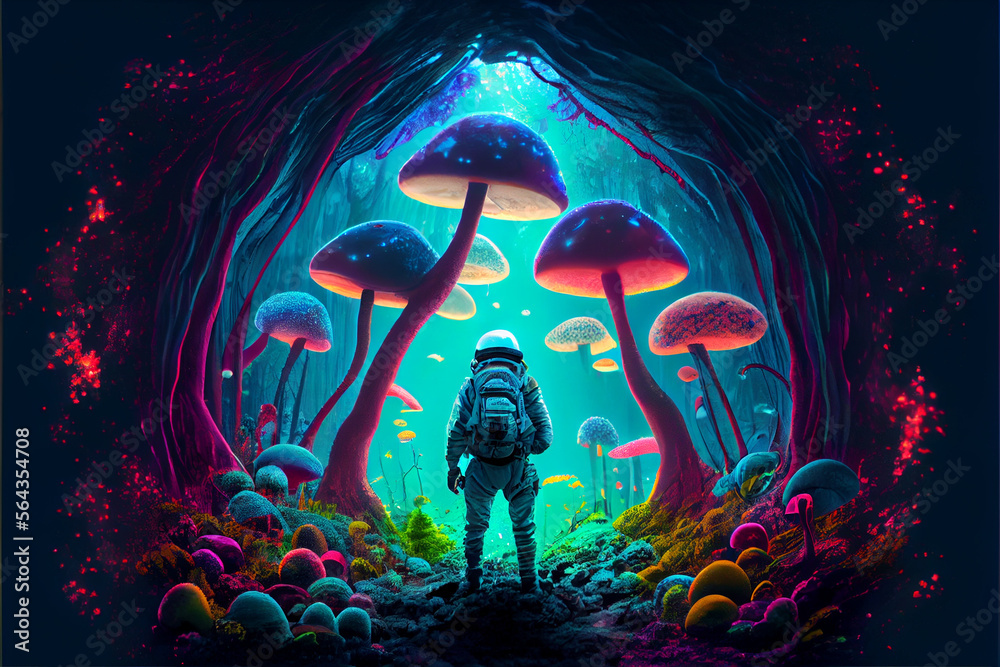 Psychedelic illustration. An astronaut in a spacesuit stands in a mushroom forest. Large colored neon mushrooms like trees in the forest. Hallucinations concept. AI generated. Psychedelic illustration. An astronaut in a spacesuit stands in a mushroom forest. Large colored neon mushrooms like trees in the forest. Hallucinations concept. AI generated.