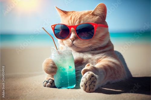 Portrait of a cat in sunglasses, which lies on a sandy beach and drinks a cocktail from a glass with a straw. AI generated. © serperm73