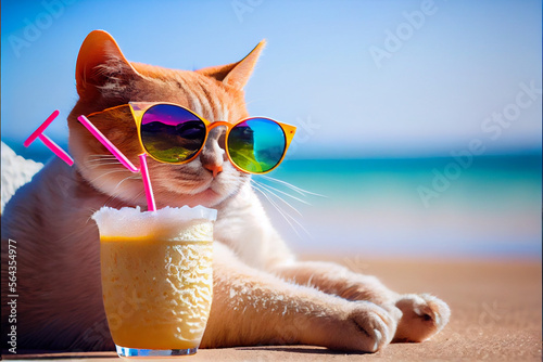 Portrait of a cat in sunglasses, which lies on a sandy beach and drinks a cocktail from a glass with a straw. AI generated.