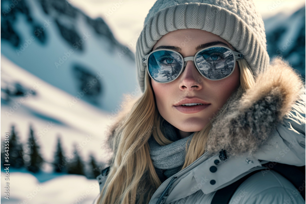 beautiful young swedish women standing on a snowy mountain wearing luxury ski clothes and a cashmere hat beautiful young swedish women standing on a snowy mountain wearing luxury ski clothes and a cashmere hat