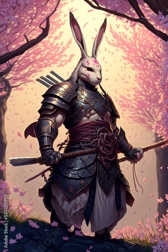 Samurai bunny warrior on sakura tree background. Generative AI