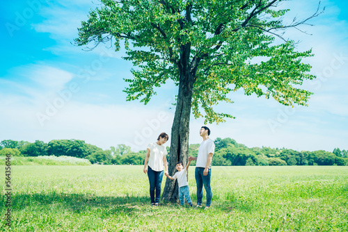 木の下で並ぶ親子3人