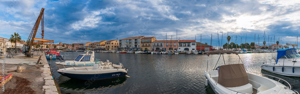 Panorama of the Mèze harbor in the south of France, in Occitanie