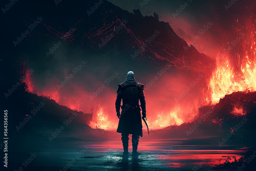 A warrior or witcher standing in front of flame of volcano background, fantasy surreal concept, Generative Ai