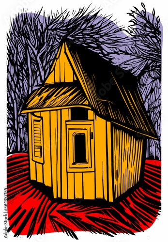 hut or small village house with thatched roof, flat cartoon vector illustration.