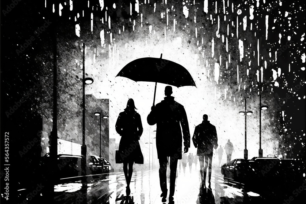 Pedestrians silhouette in a crowded city background silhouette full of skyscrapers, with a black and white color theme on a rainy day
