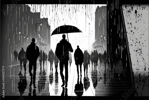 Pedestrians silhouette in a crowded city background silhouette full of skyscrapers, with a black and white color theme on a rainy day