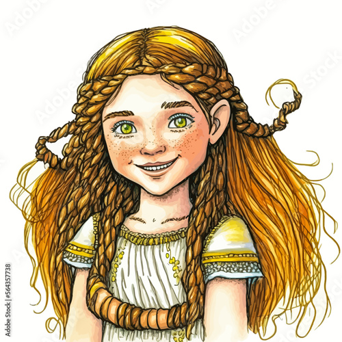 A vector illustration depicting a young girl in barbaric costume from ancient Europe. An ideal portrait for an imposing and nostalgic graphic design.
