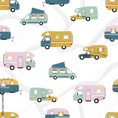 Road trip seamless pattern, doodle camper vans, vanlife, adventure - great for textiles, banners, wallpapers - vector design