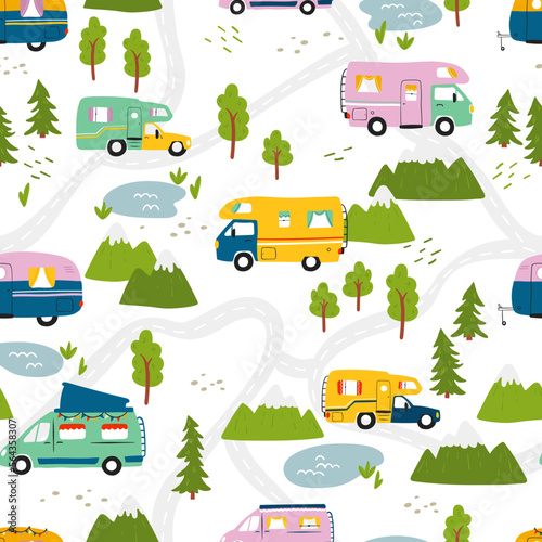 Road trip seamless pattern, doodle camper vans, vanlife, adventure - great for textiles, banners, wallpapers - vector design