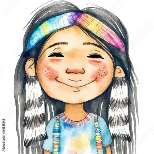 Vector illustration of a little girl dressed in Native American fashion, inviting to a time travel and a questioning of clichés.