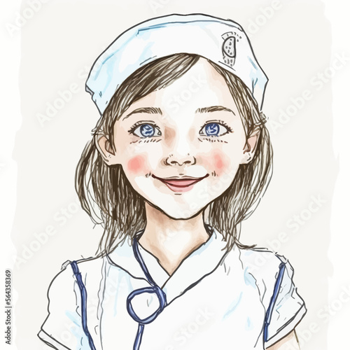 Adorable girl in white medical staff gown for portrait, vector graphic illustration. Cute and vivid design perfect for a wide range of uses.