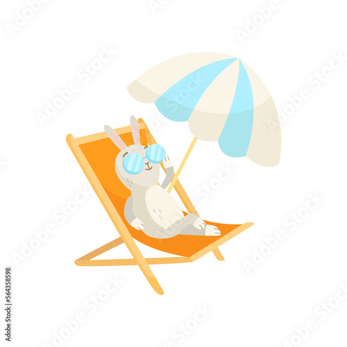 Funny cartoon character rabbit sunbathing on lounge chair isolated on white background. Cute comic animal relaxing on beach vector illustration. Summer, holiday, wildlife concept
