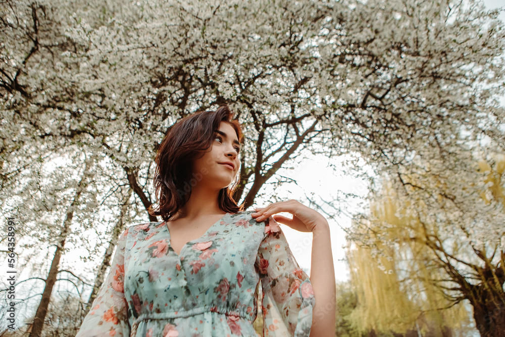 Bottom view of charming pretty woman dressed flowery dress posing near apple cherry tree blossoms blooming flowers in the garden park in early spring nature. Fashion, girl model with black hair
Bottom view of charming pretty woman dressed flowery dress posing near apple cherry tree blossoms blooming flowers in the garden park in early spring nature. Fashion, girl model with black hair
