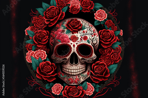 Mexican Style Sugar Skull and Red Roses Decoration AI Technology Generative