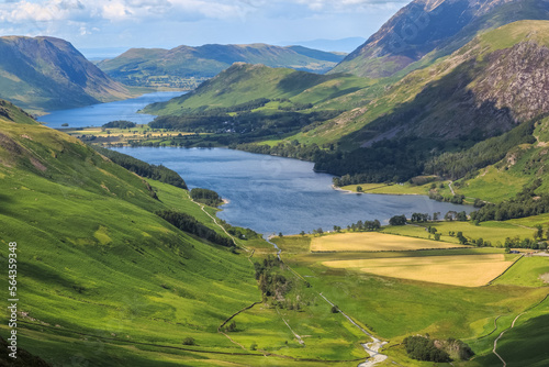 Hillside view over Buttermere and Crummock water with the Solway Firth in the background