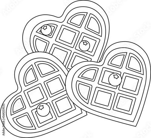 vector illustration of Belgian blueberry waffles in the shape of a heart, romantic breakfast, delicious dessert, doodle and sketch style