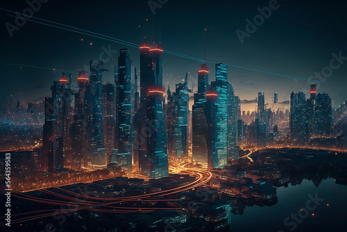 Night city Cyber punk landscape concept. Light glowing on dark scene. Night life. Technology network for 5g. Beyond generation and futuristic of Sci-Fi Capital city and building scene. Generative AI.