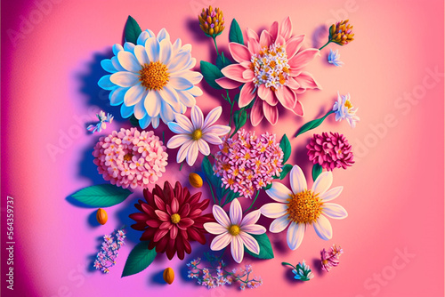 A Painting of Colorful Flowers on a Soft Pink background AI Generative © Pleasant Mode Studio