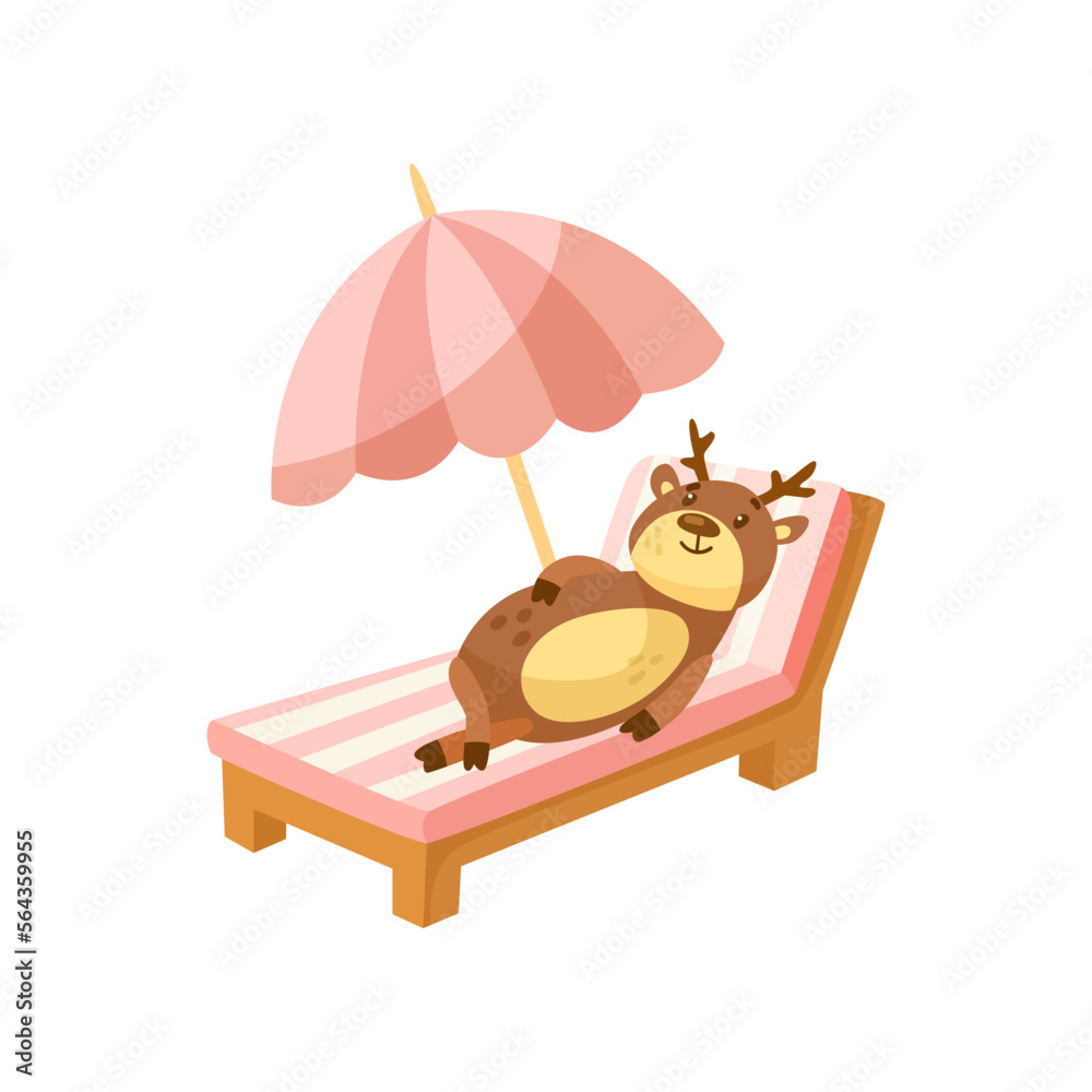 Funny cartoon character deer sunbathing on sun lounger isolated on white background. Cute comic animal relaxing on beach vector illustration. Summer, holiday, wildlife concept Funny cartoon character deer sunbathing on sun lounger isolated on white background. Cute comic animal relaxing on beach vector illustration. Summer, holiday, wildlife concept
