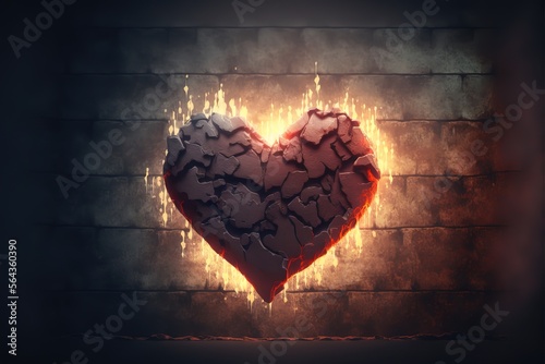 3d rendering of red lighten heart shape in fire against grunge wall background. Generative AI